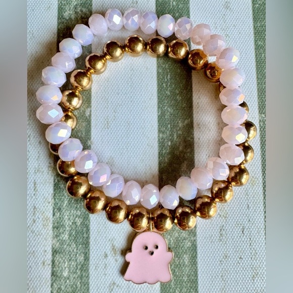 New Halloween Beaded Pink & Gold Tone Adult Size Bracelets w/ Ghost Charm - 8” - Picture 5 of 8